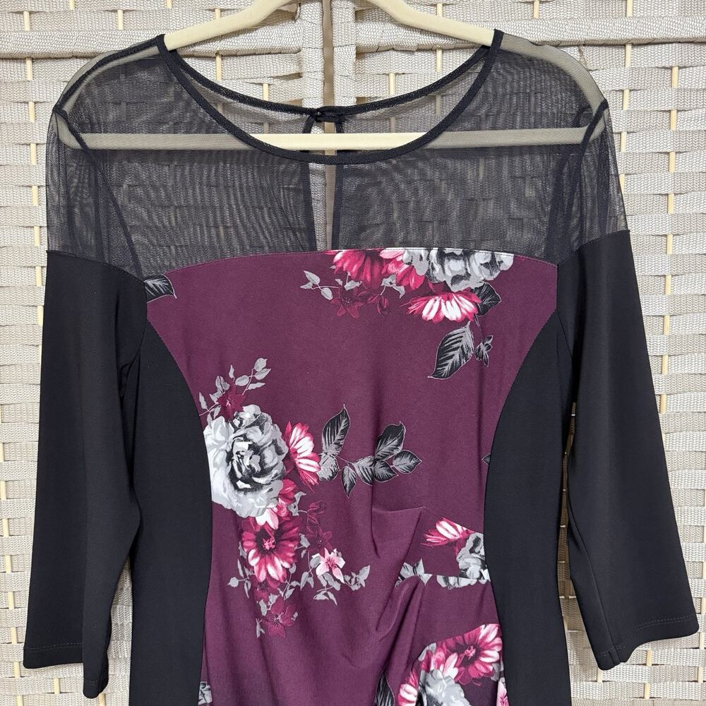 Joseph Ribkoff Illusion Yoke Sheath Dress Size 16 Black Purple Floral Knit - Picture 3 of 9